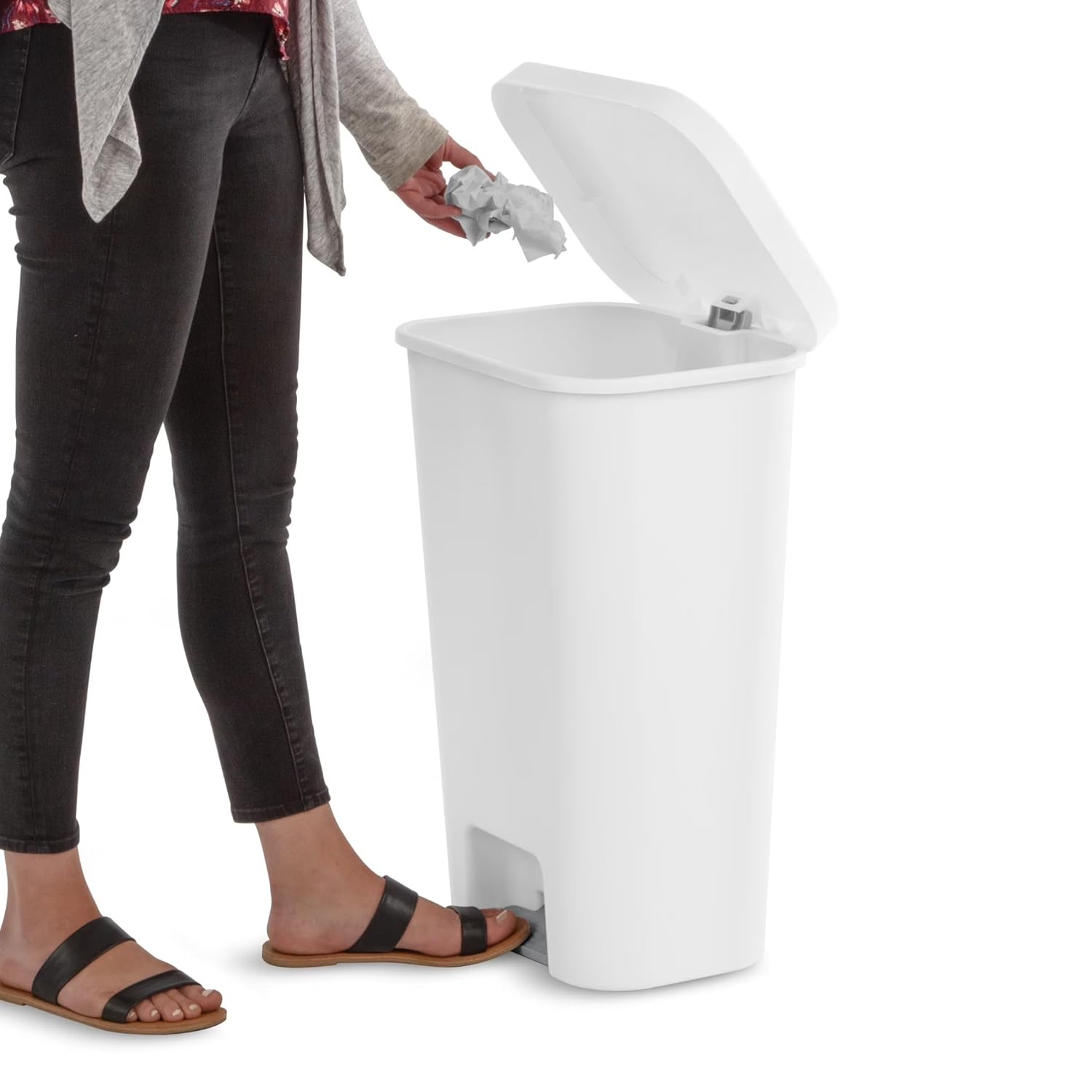 Large Kitchen Trash Can, 11.9 Gallon Plastic Garbage Bin with Step Lid, White, Hands-Free Foot Pedal, Fits Standard