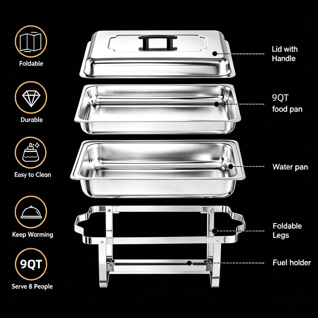 Chafing Dish Buffet Set 4 Packs,9 Quart Stainless Steel Foldable Rectangular Chafing Full Size Food Pan,Chafing