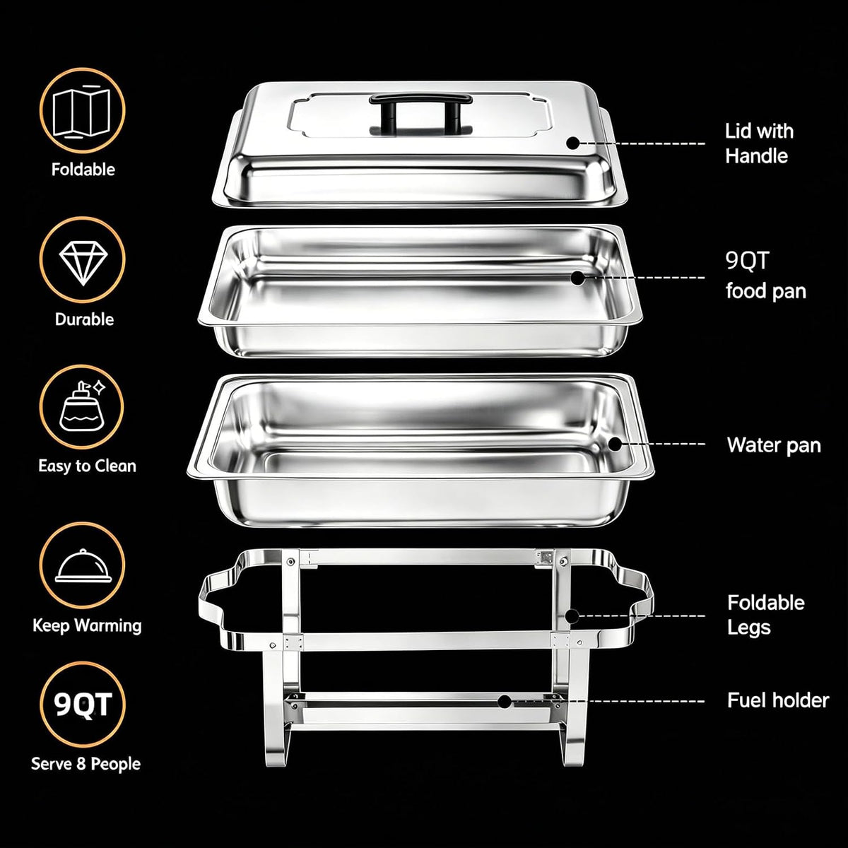 Chafing Dish Buffet Set 4 Packs,9 Quart Stainless Steel Foldable Rectangular Chafing Full Size Food Pan,Chafing