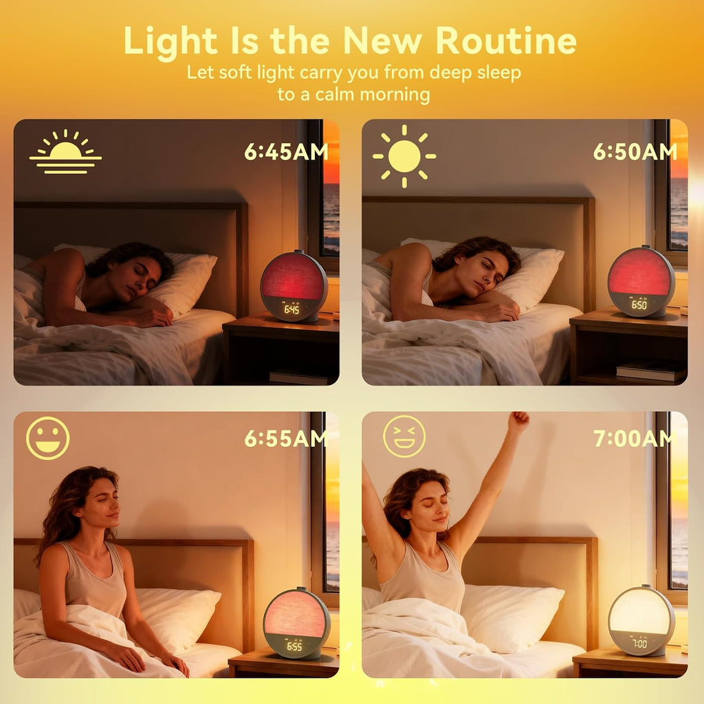 Sunrise Alarm Clock for Bedroom, White Noise Sound Machine | 15mins Sunrise Simulation, 10 Natural Sounds, Dual