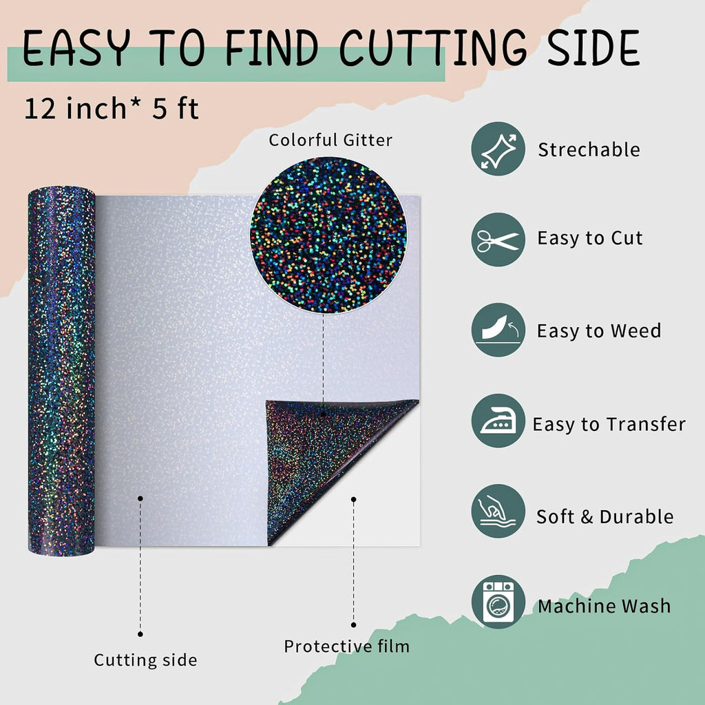 Black Holographic Heat Transfer Vinyl 12" x5ft Glitter HTV Vinyl | Shimmer Iron on HTV Vinyl Colorful Heat Press
