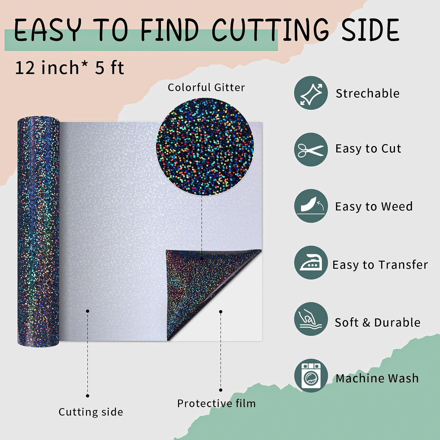 Black Holographic Heat Transfer Vinyl 12" x5ft Glitter HTV Vinyl | Shimmer Iron on HTV Vinyl Colorful Heat Press