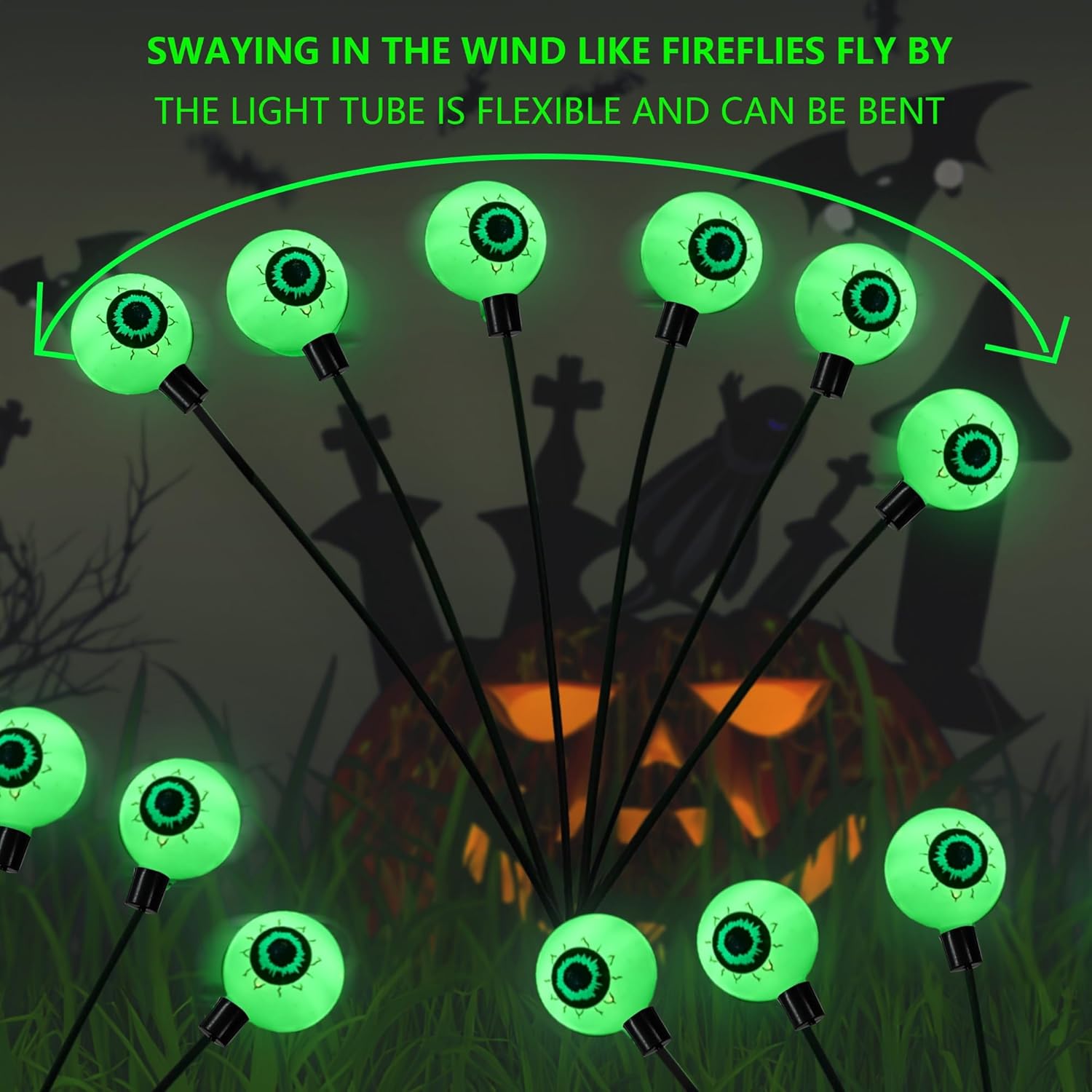Halloween Decorations Outdoor, 4 Pack 24LED Solar Eyeball Pathway Lights, Scary Waterproof Solar Green Firefly Lights