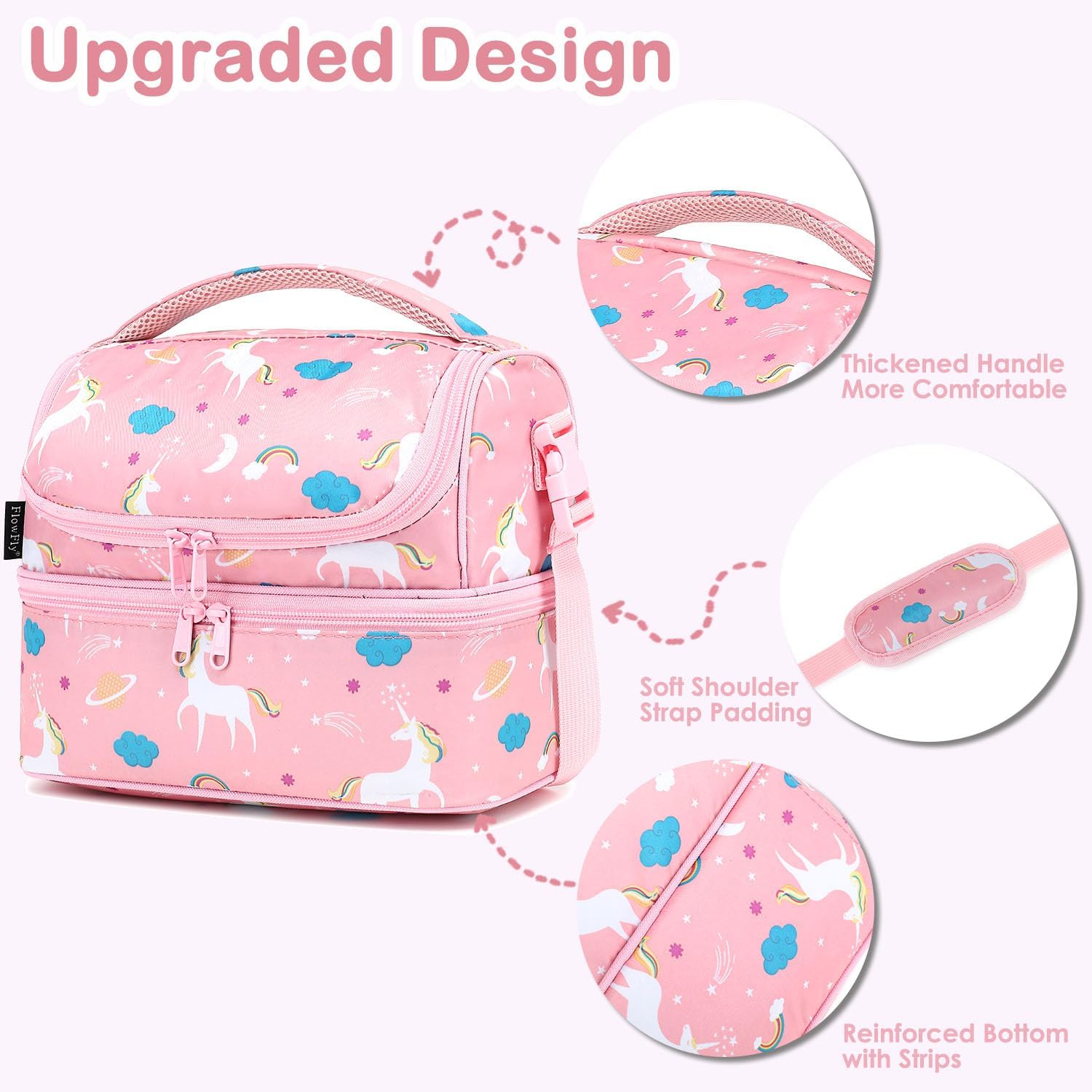 Kids Double Decker Cooler Insulated Lunch Bag Large Tote for Boys, Girls, Men, Women, With Adjustable Strap, Unicorn