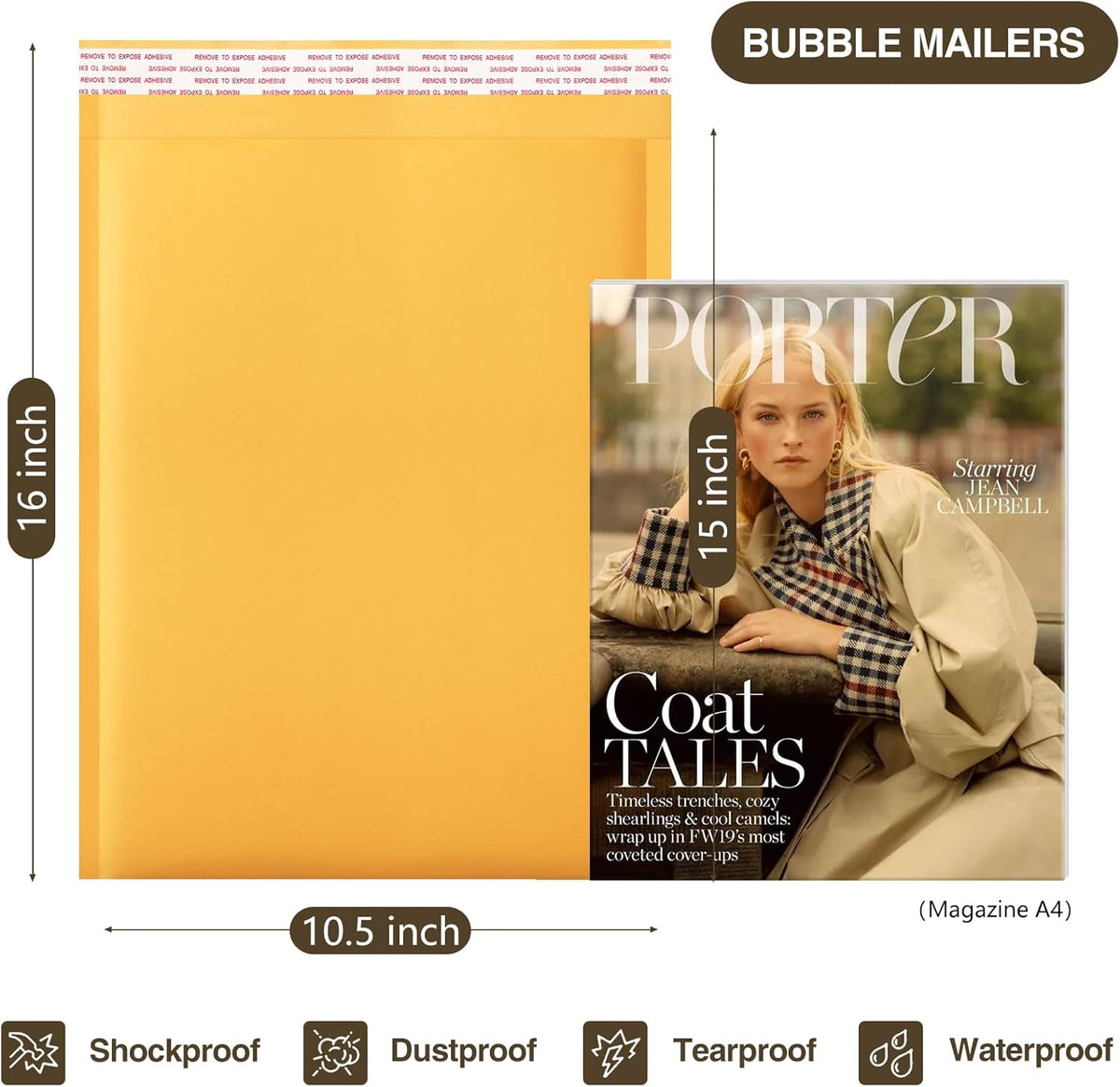 Kraft Bubble Mailers 10.5x16" 25 Pack Usable Size 10.5x15" Yellow #5
