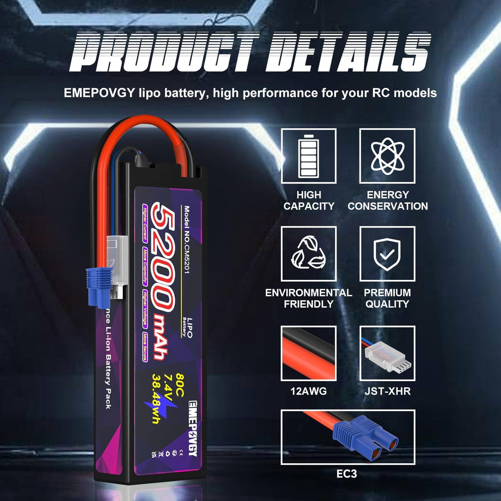 7.4V Lipo Battery 2S 5200mAh 80C Lipos Hard Case with EC3 Connector for RC Car Trucks 1/8 1/10 RC Vehicles(2 Packs)