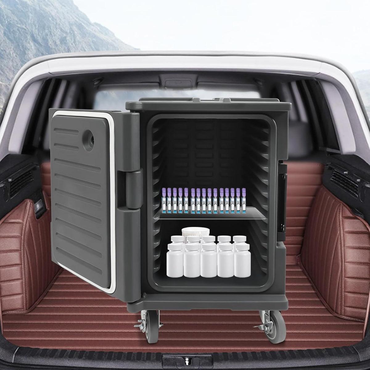 Insulated Food Pan Carrier 95 Qt, Hot Box for Catering with Large Wheels, Front Loading Food Warmer, LLDPE Food Box