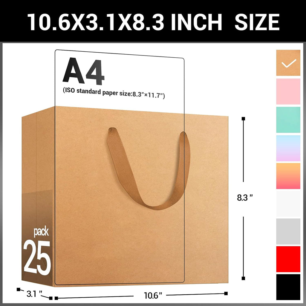 Kraft Paper Gift Bags, 25pcs Small 10.6"x3.1"x8.3" Brown Sturdy Heavy Duty Shopping Bags with Handle Bulk, Retail