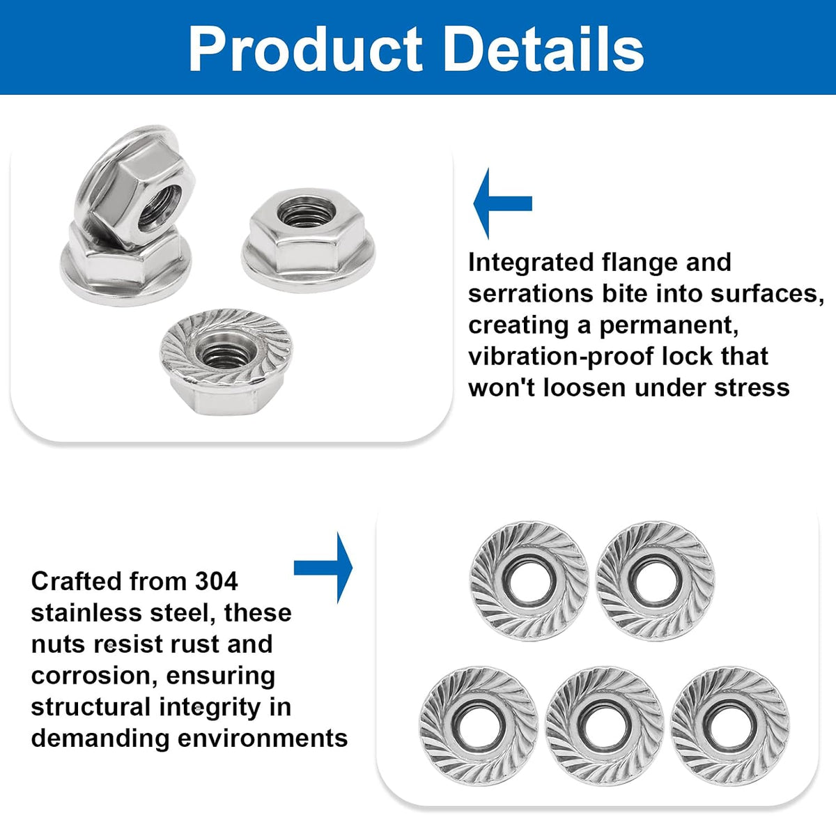 Bonsicoky #10-32 Serrated Flange Nuts, 50 Pack, Silver