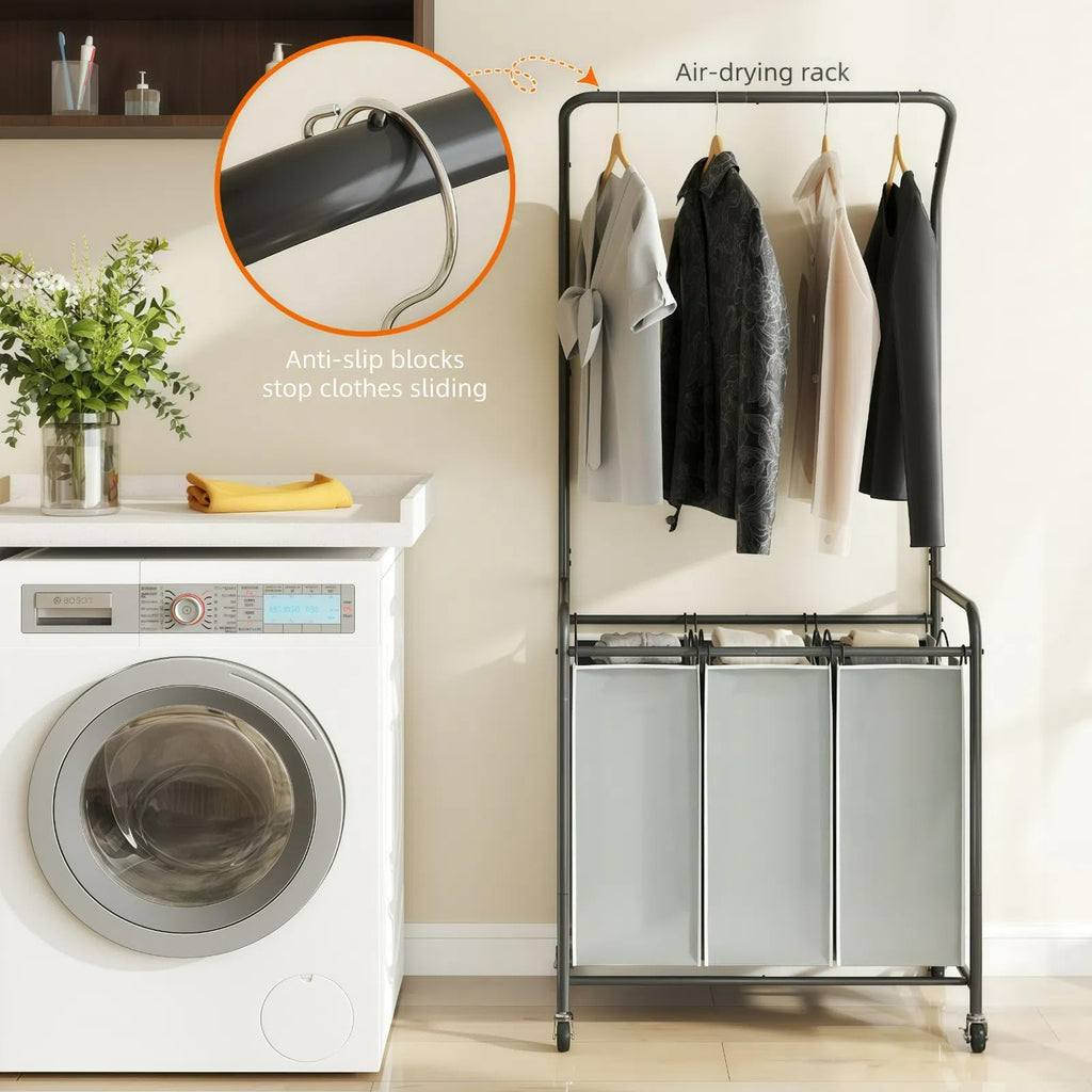 Laundry Sorter Hamper with Hanging Bar, 3 Section Laundry Cart