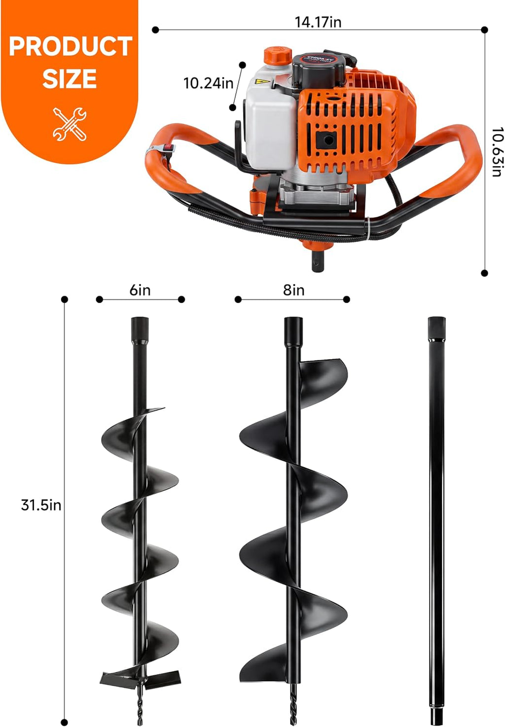 63CC 2 Stroke Earth Auger Post Hole Digger Gas Powered with 6"/8" Bit & Ext | 62" Max Digging Depth | 2 Auger Drill