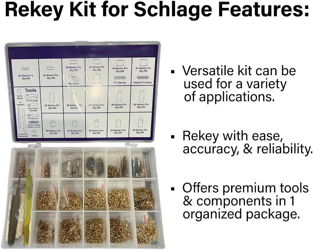 Schlage Compatible Rekey Kit – SC1 Pinning Kit with 200 Pins, Springs & Tools for Lock Rekeying