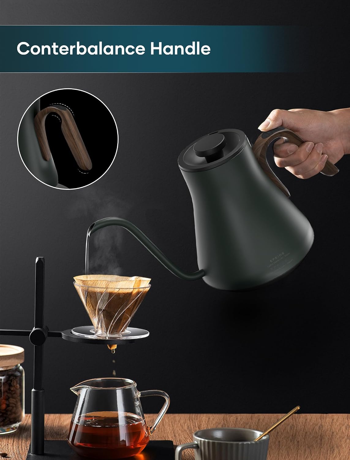 Gooseneck Electric Kettle with ±1℉ Temperature Control 0.9 Liter | 1500W Quick Heating, Stainless Steel Inner, Pour