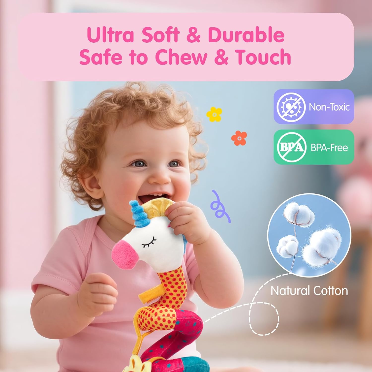 Car Seat Toys for Babies 0-6 Months Girl - Baby Toys 3-6 Months - Rattle, Mirror, Crinkle, Squeaky Carseat Stroller