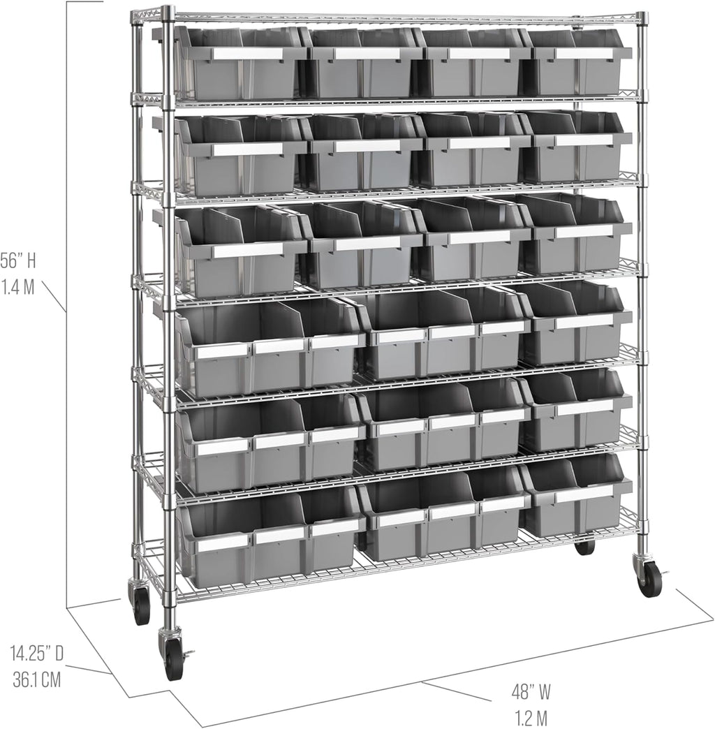 7-Tier NSF 21-Bin Steel Wire Shelving Rack, 48"W x 14"D x 56"H, Gray