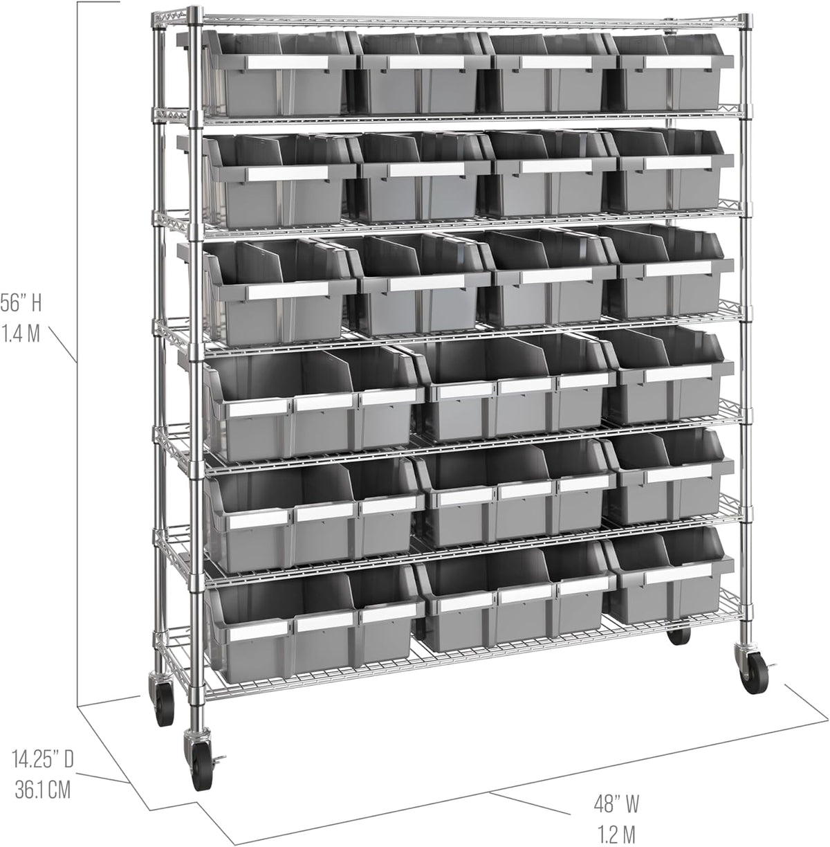 7-Tier NSF 21-Bin Steel Wire Shelving Rack, 48"W x 14"D x 56"H, Gray