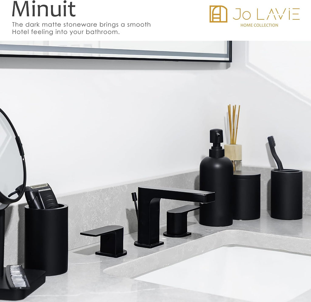 Bathroom Accessory Set - 4 Pcs Matte Black Bathroom Set with Toothbrush Holder, Soap Dispenser, Tumbler & Cotton Swab