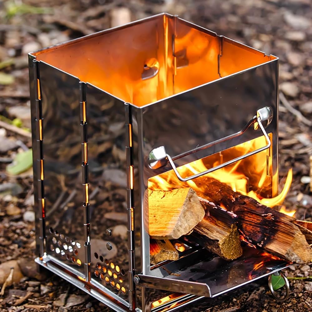 Wood Burning Folding Camp Stove Stainless Steel Grid, Portable Collapsible Backpacking Stove Survival Rocket Stove