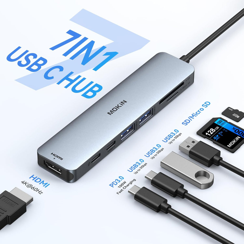 USB C Hub HDMI Adapter for MacBook Pro/Air, MOKiN 7 in 1 USB C Dongle with HDMI, SD/TF Card Reader, USB C Data
