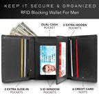 Trifold Leather Wallet Men RFID Blocking 11 Cards 3 ID Windows