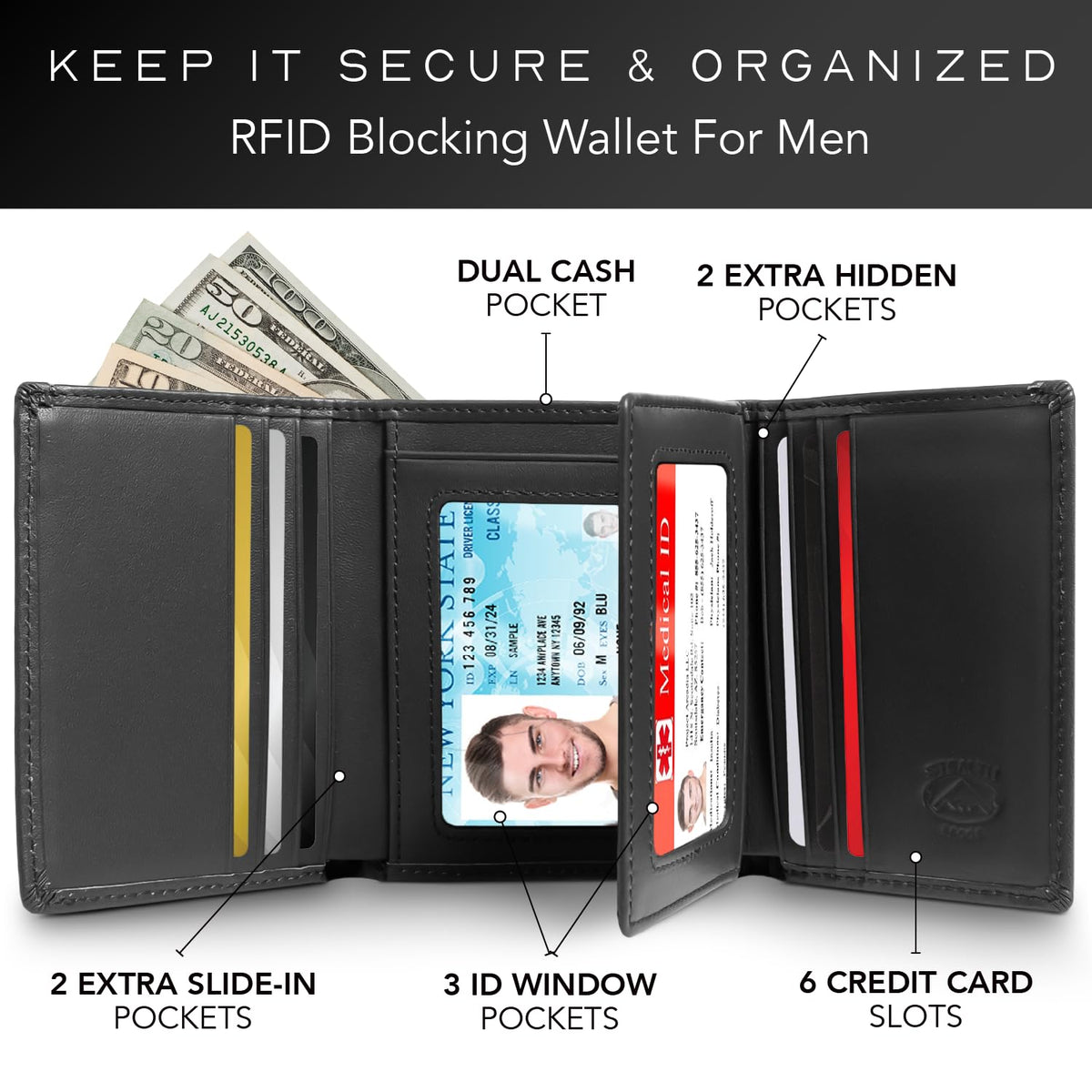 Trifold Leather Wallet Men RFID Blocking 11 Cards 3 ID Windows