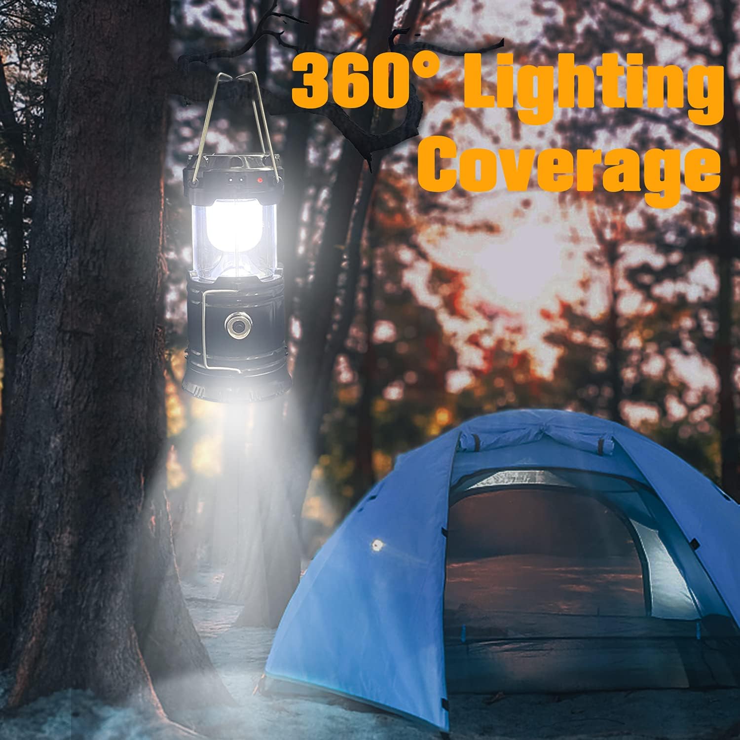 Collapsible Portable LED Camping Lantern XTAUTO Lightweight Waterproof Solar USB Rechargeable LED Flashlight Survival