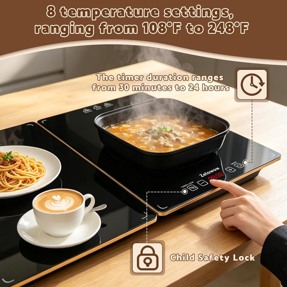 Electric Warming Tray, 42.5"x14.96" Extra Large 4-in-1 Food Warmer for with 8 Temp Settings & Timer, 4MM Tempered
