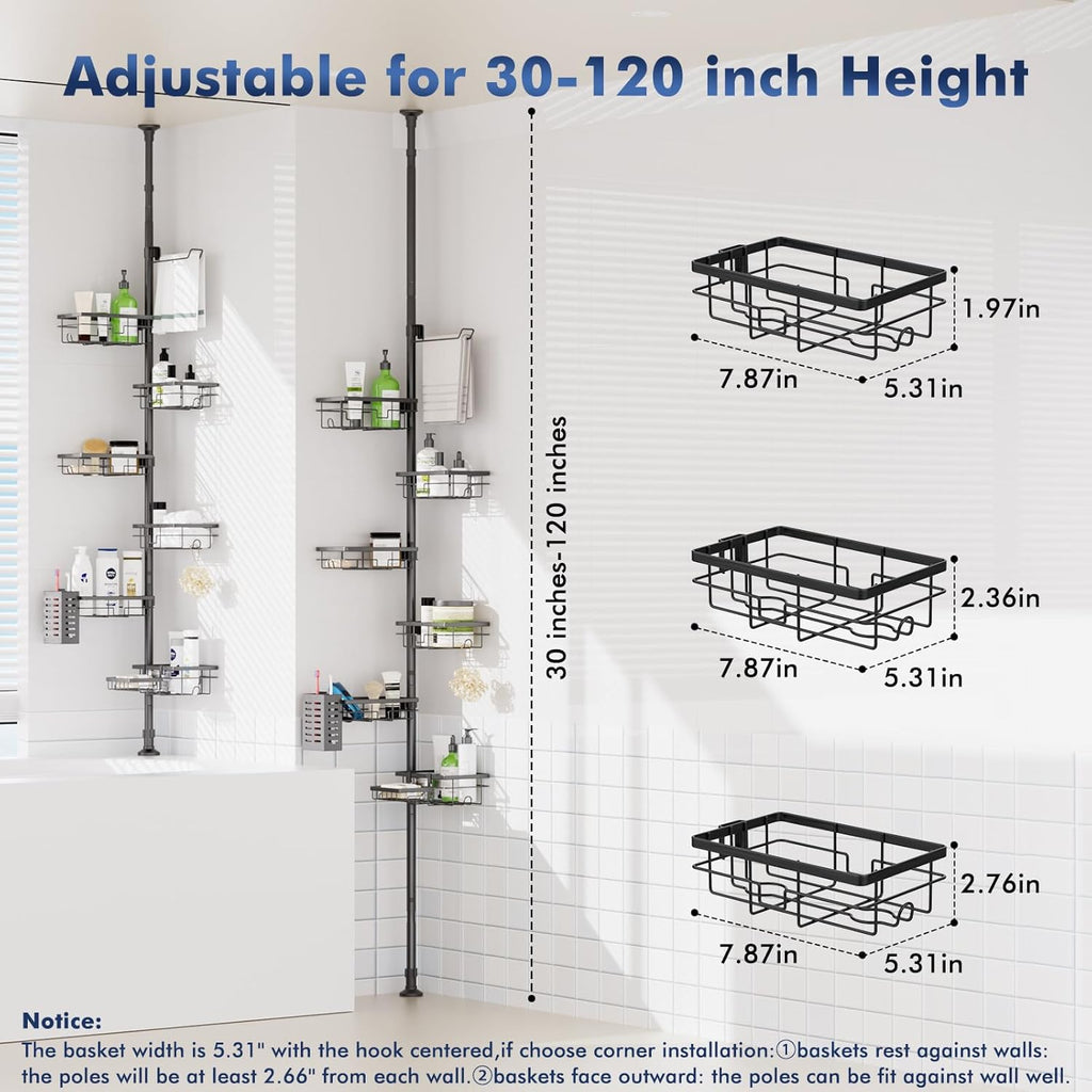 Shower Caddy Organizer Tension Pole, Corner Shower Shelves Bathroom Storage | 6 Tier Shelf, Rustproof 30-120’’