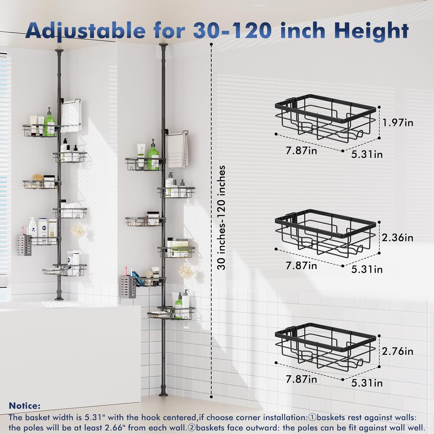 Shower Caddy Organizer Tension Pole, Corner Shower Shelves Bathroom Storage | 6 Tier Shelf, Rustproof 30-120’’