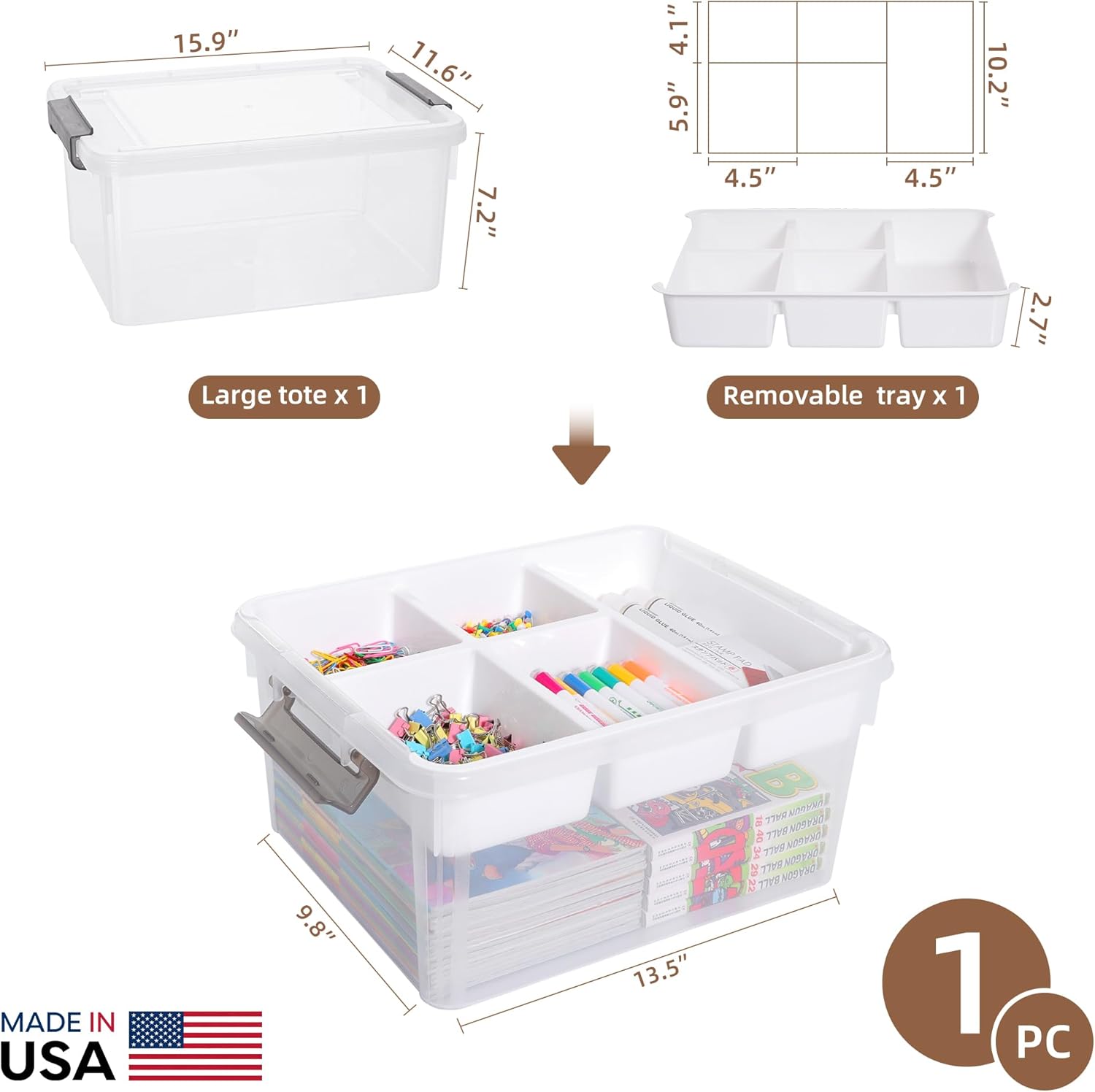 17 QT Plastic Storage Box with Removable Tray Craft Organizers and Storage Clear Storage Container for Organizing