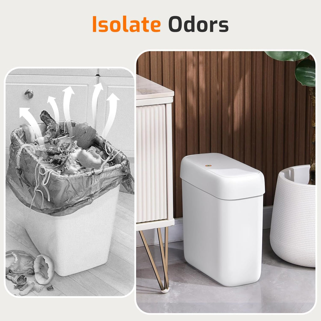 Small Bathroom Trash Can with Lid, 2.6 Gallons / 10 L Slim Plastic Garbage Bin with Pop-Up Lid, Mini Waste Basket Can