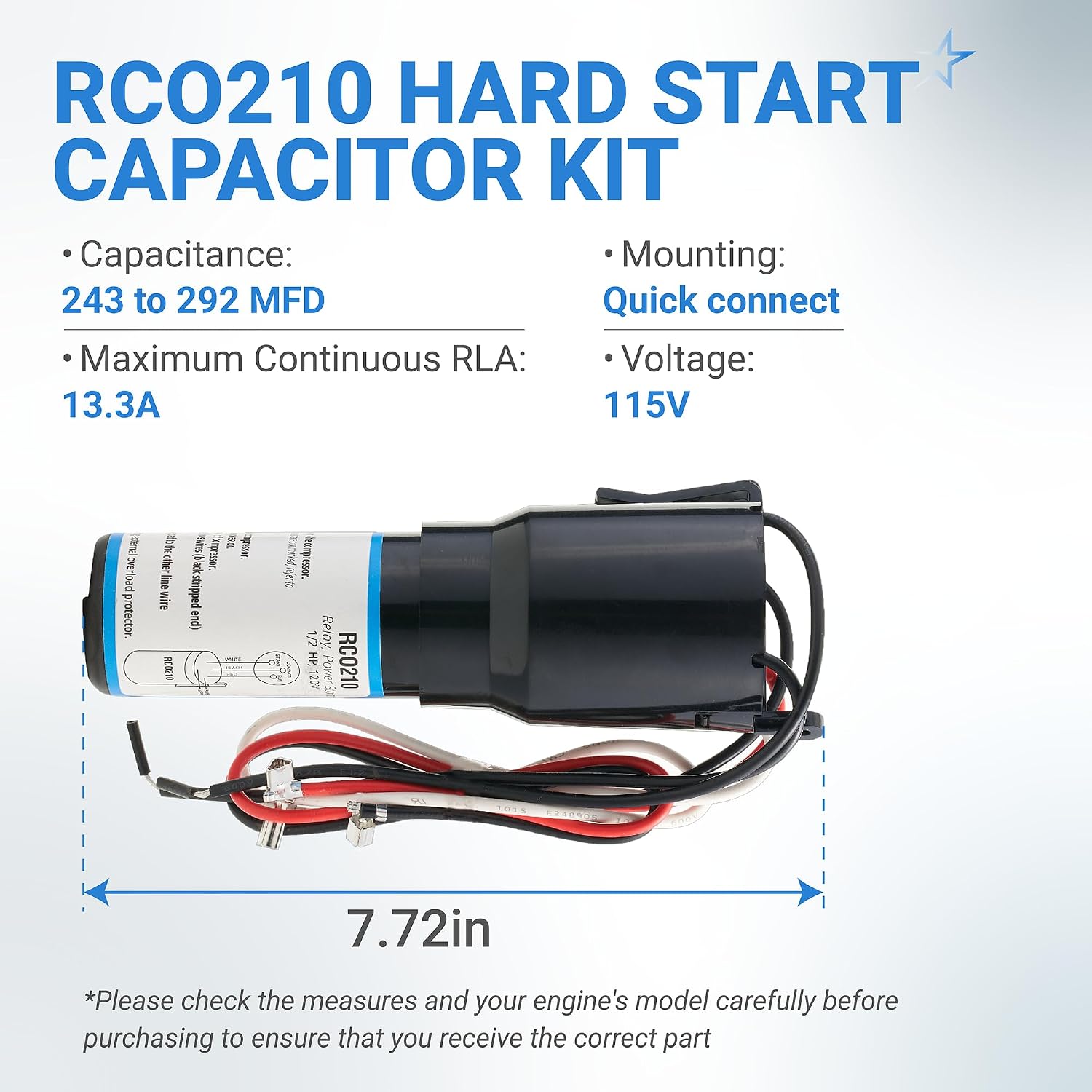 RCO210 3 in 1 Hard Start Capacitor Replacement 1/3-1/2 HP 115VAC | 3 in 1 Start Relay RSC Series Solid State Relay