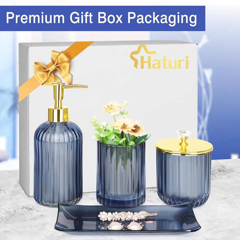 Glass Bathroom Accessories Set, Blue Bathroom Set, 4 Pcs | Kit w/ Bathroom Soap Dispenser Set, Toothbrush Holder
