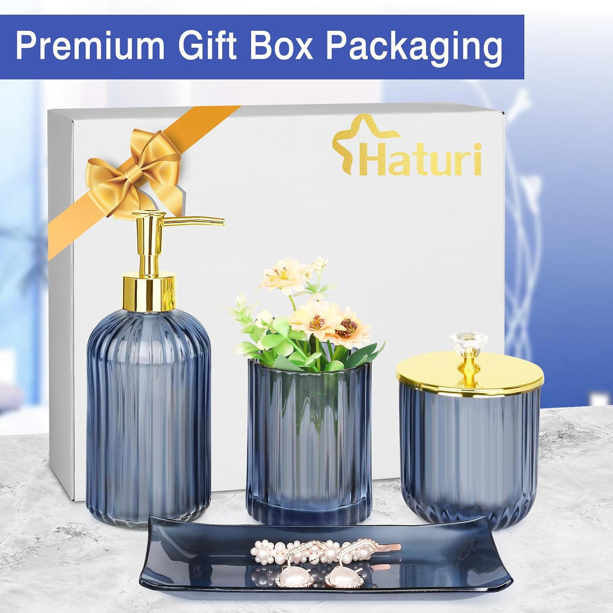 Glass Bathroom Accessories Set, Blue Bathroom Set, 4 Pcs | Kit w/ Bathroom Soap Dispenser Set, Toothbrush Holder