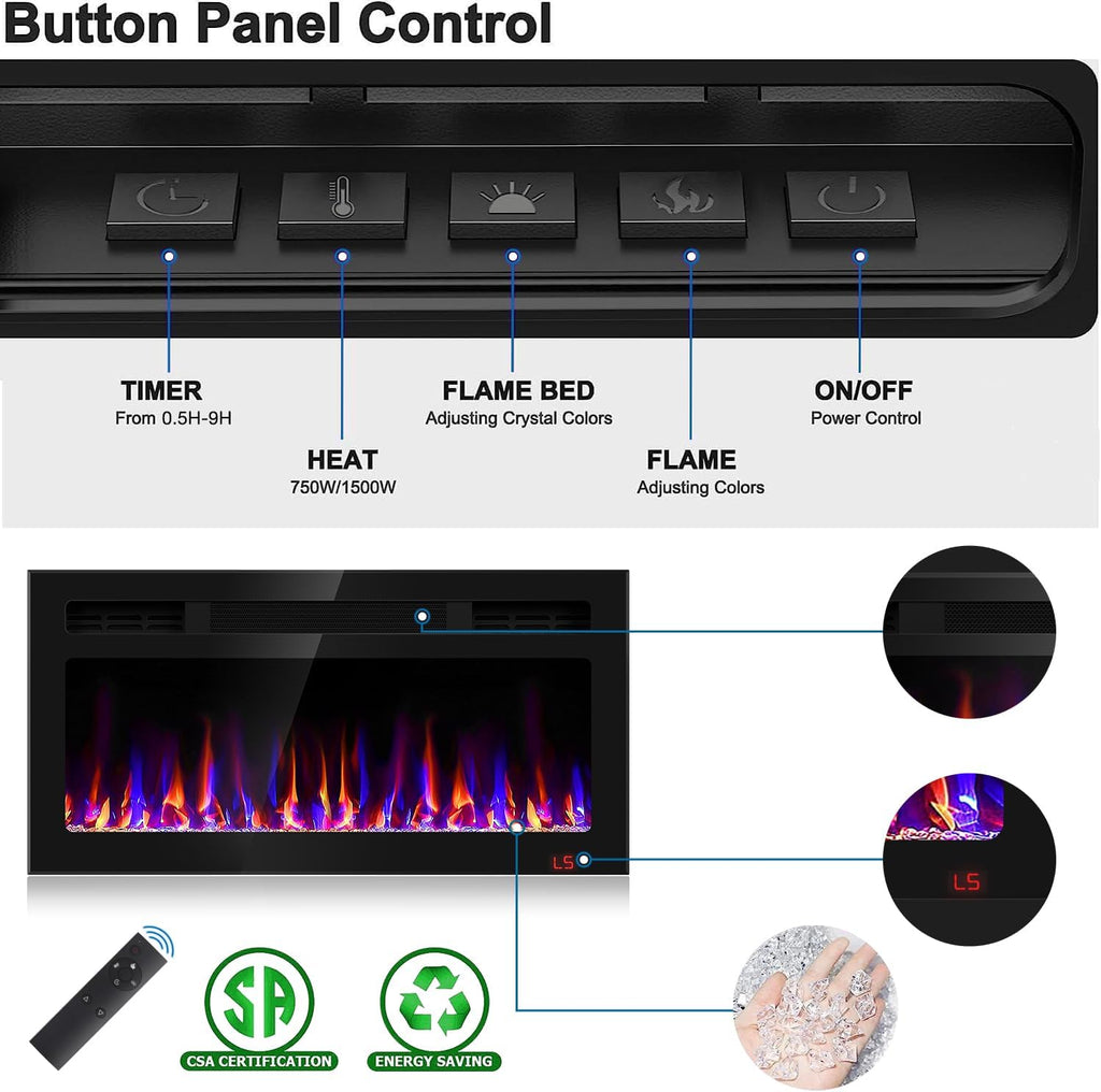 31 Inch Electric Fireplace Recessed and Wall Mounted, Fireplace Heater and Linear Fireplace, Ultra-Thin Electric