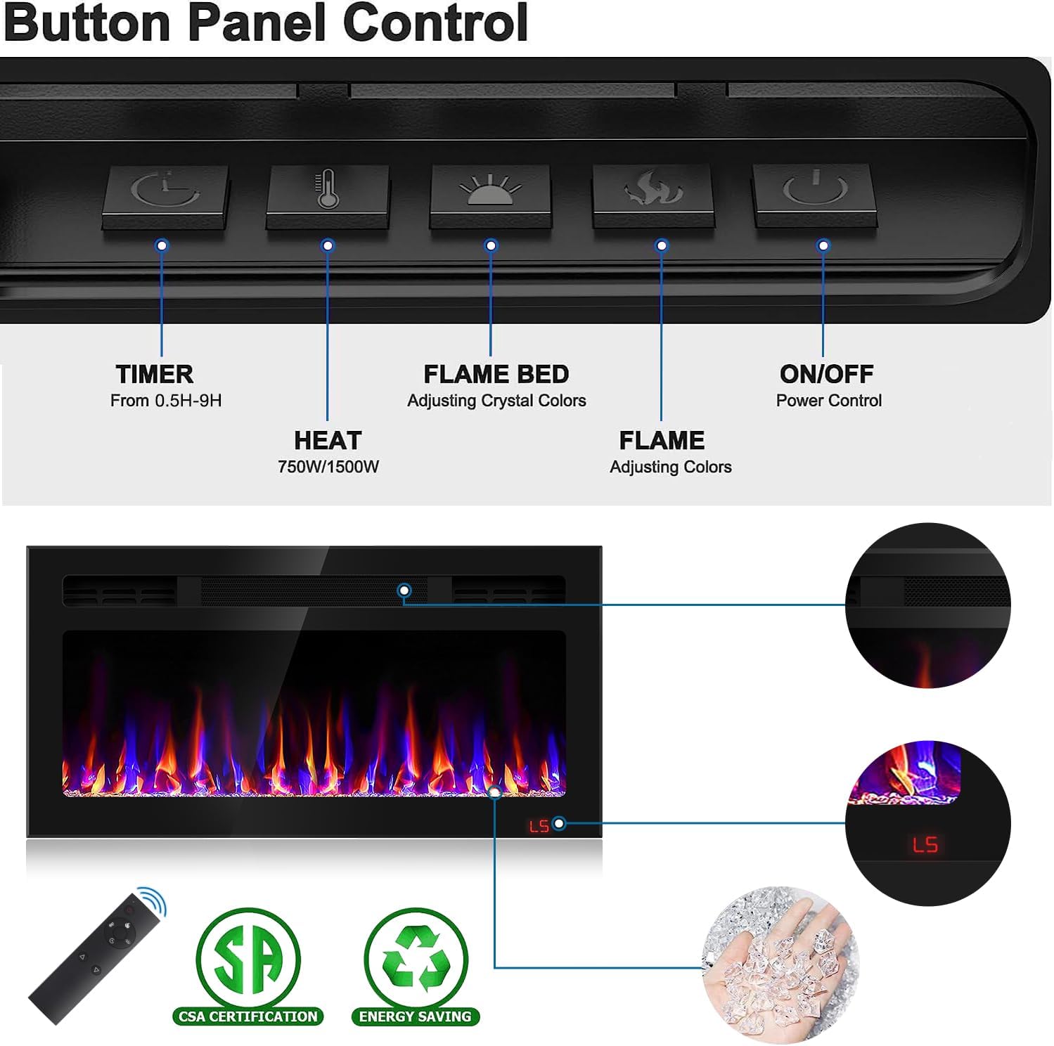 31 Inch Electric Fireplace Recessed and Wall Mounted, Fireplace Heater and Linear Fireplace, Ultra-Thin Electric
