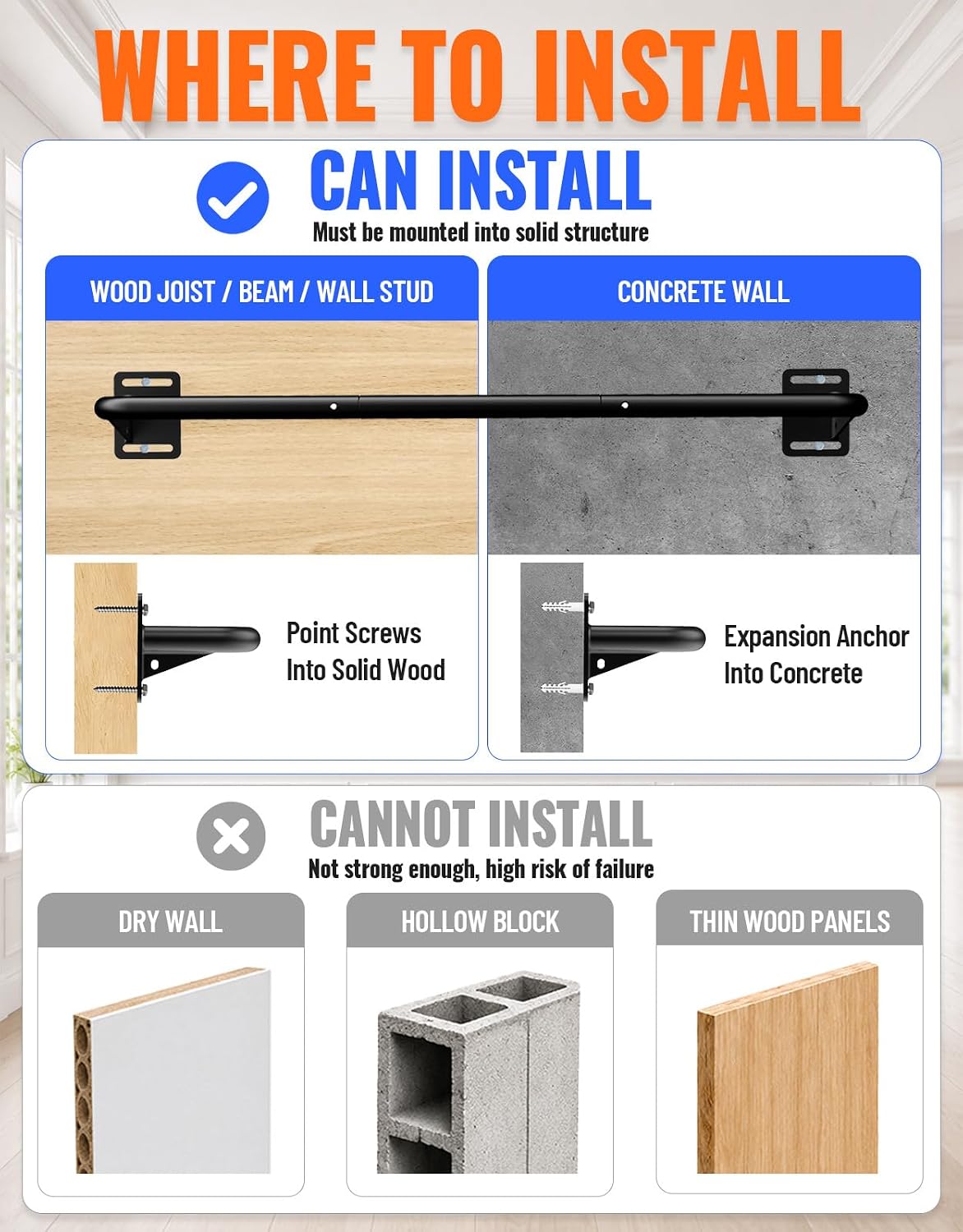 Joist Mount Pull Up Bar, Wall Mount Pull Up Bar for Doorway | Home Gym Workout Equipment, Heavy Duty Steel Construction