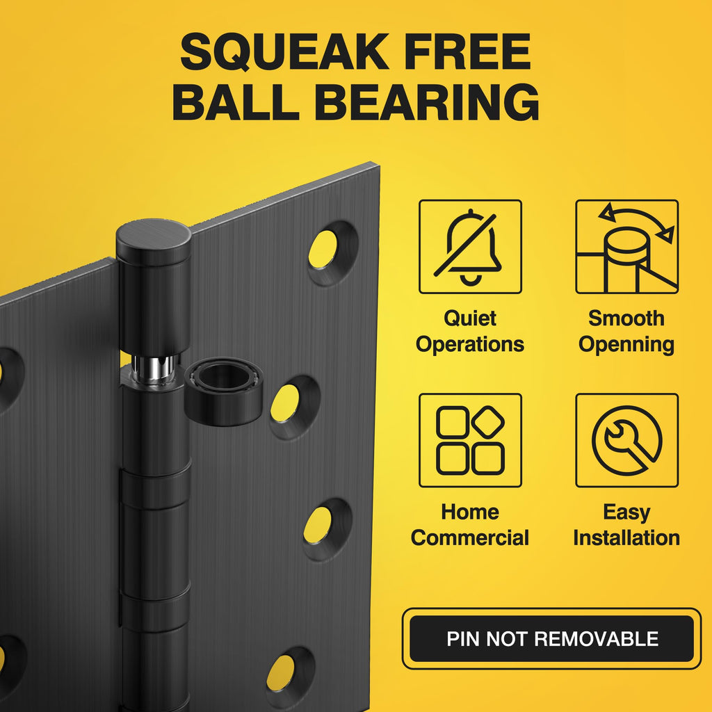 Ball Bearing Door Hinges, 4 x 4 Inches, Matte Black, 3 Pack