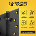 Ball Bearing Door Hinges, 4 x 4 Inches, Matte Black, 3 Pack