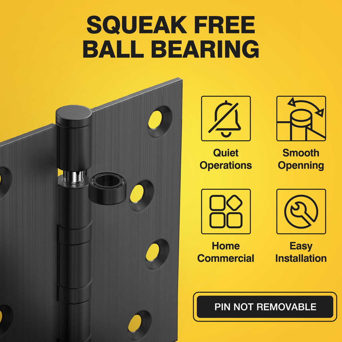 Ball Bearing Door Hinges, 4 x 4 Inches, Matte Black, 3 Pack