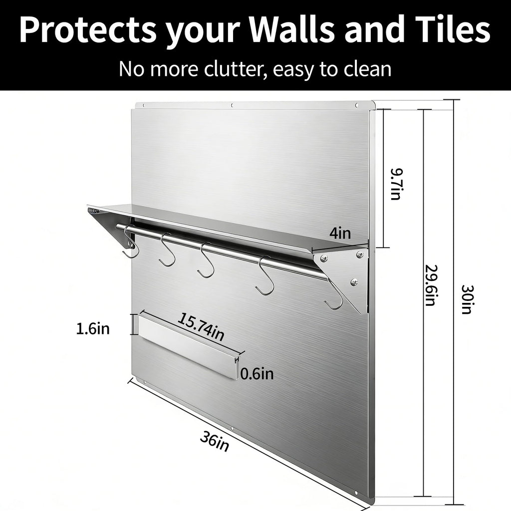 Range Backsplash – 36"x30" Stainless Steel Backsplash with Storage Shelf & Magnetic Knife Holder, Stove Backsplash for Kitchen Wall Protection, Pre-Drilled Holes for Easy Installation & Easy Clean