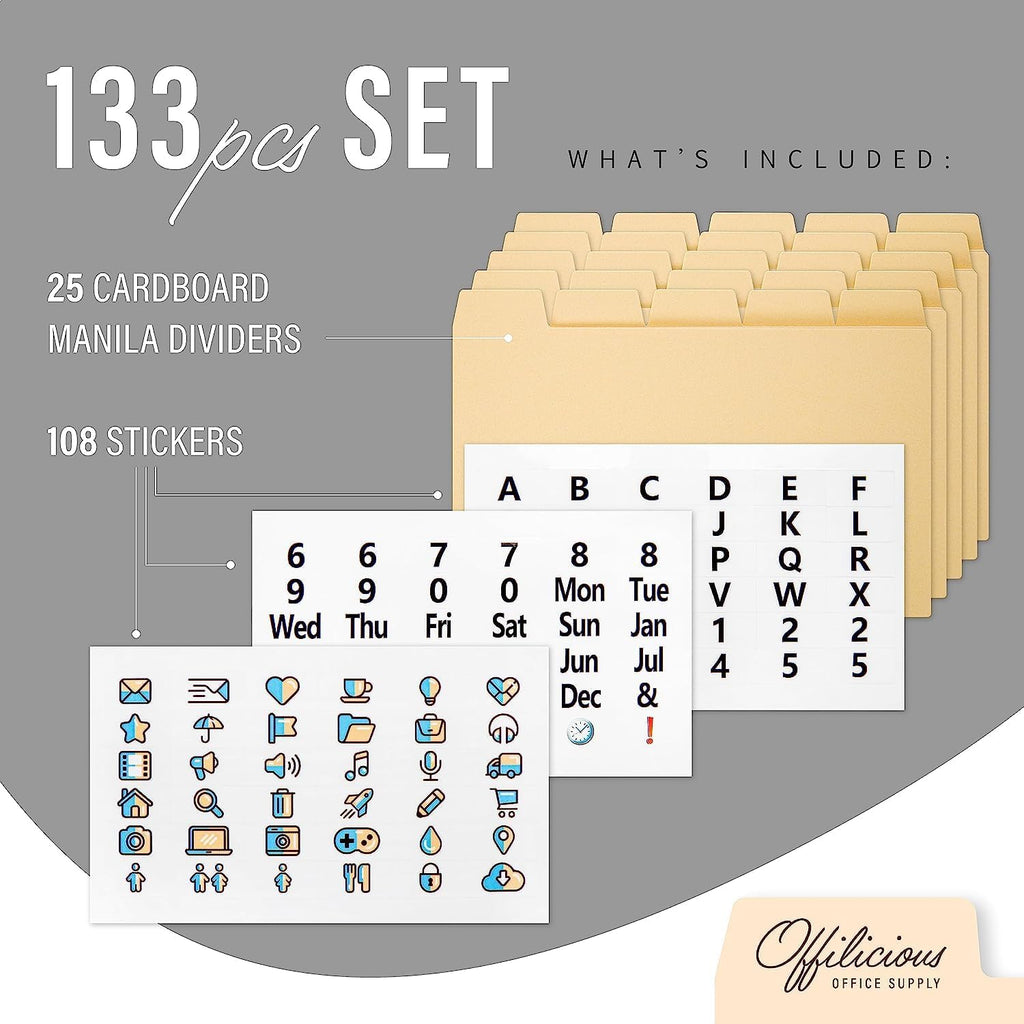 25 Heavyweight Manila Index Card Box Dividers - 3x5 with Tabs & 108 Stickers, Monthly & Recipe Guides, Greeting Card