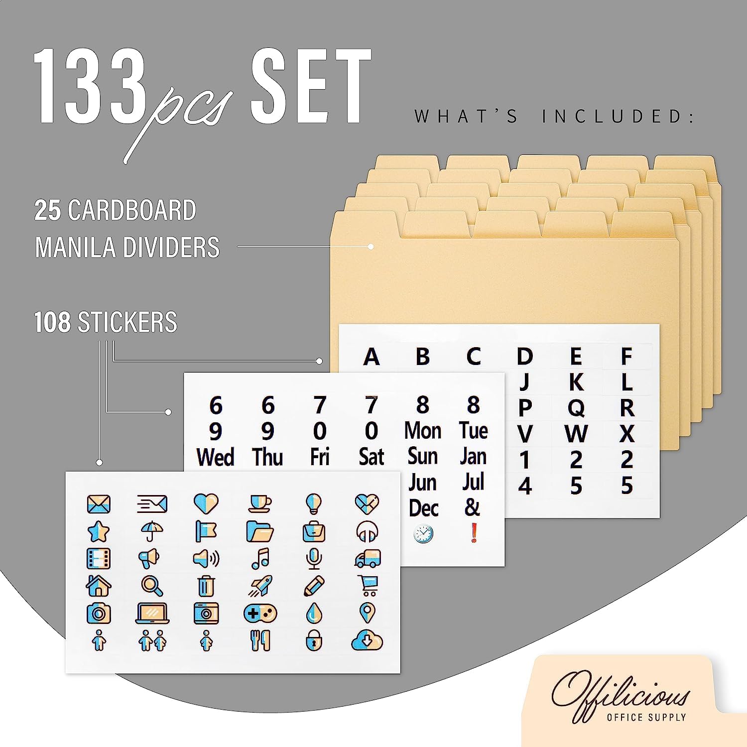 25 Heavyweight Manila Index Card Box Dividers - 3x5 with Tabs & 108 Stickers, Monthly & Recipe Guides, Greeting Card