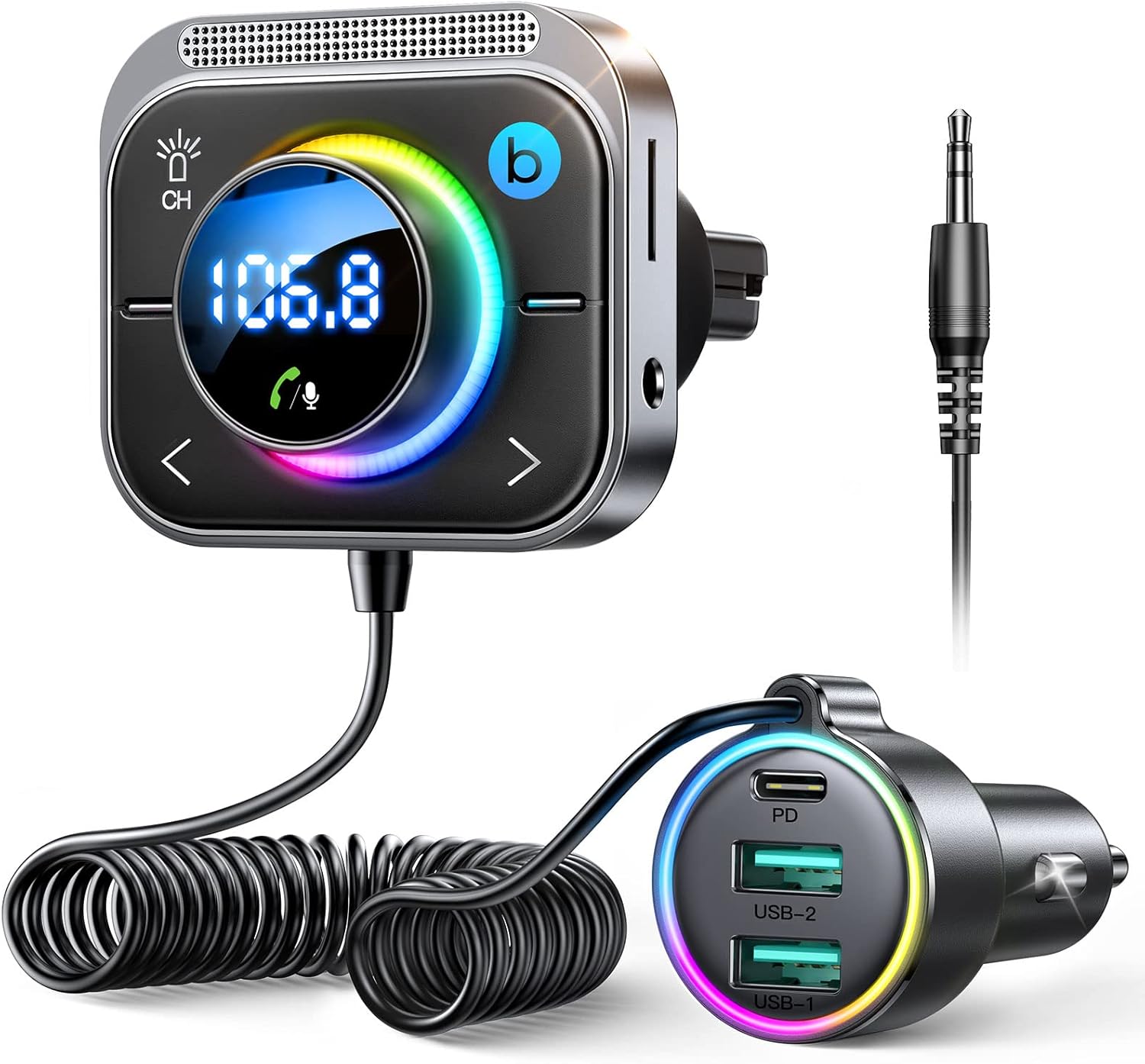 Bluetooth 6.0 Car Adapter FM & AUX HiFi Bass 96W Fast Charging | PD 60W & 2*QC 18W, Air Vent Installation for Safe