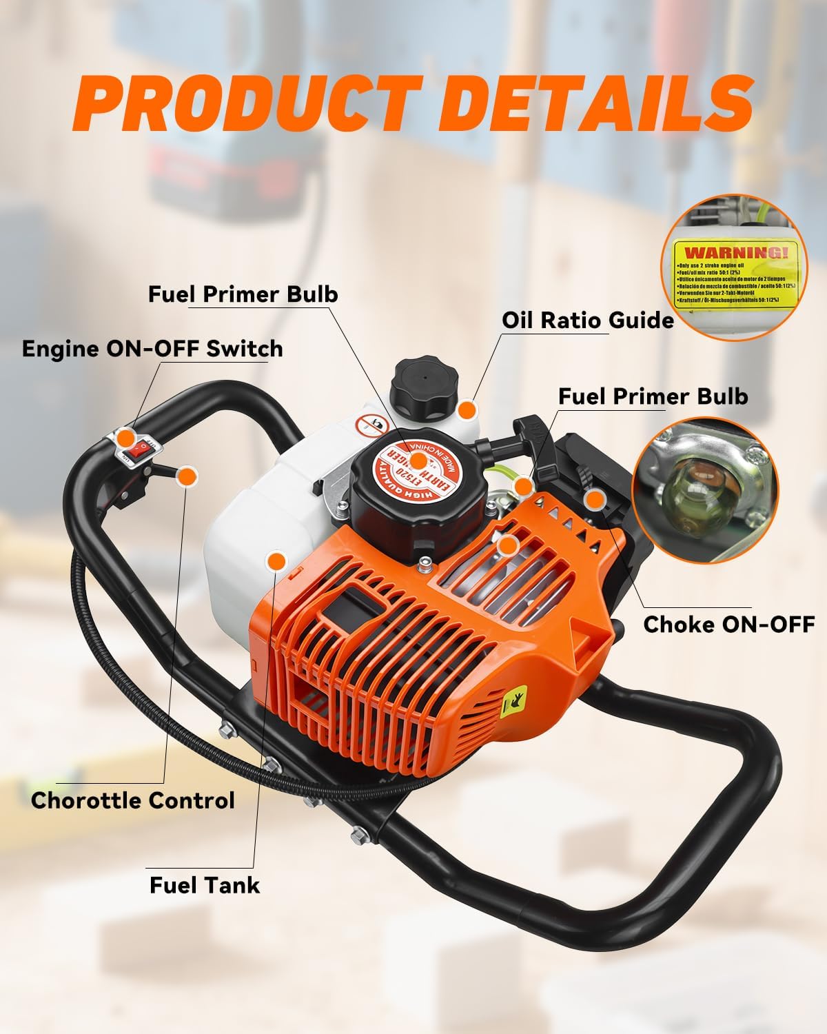 63CC Post Hole Digger Gas Powered, 2-Stroke Earth Auger with 8" Auger Bit & 8" Extension Bar, Heavy Duty Ice Auger &