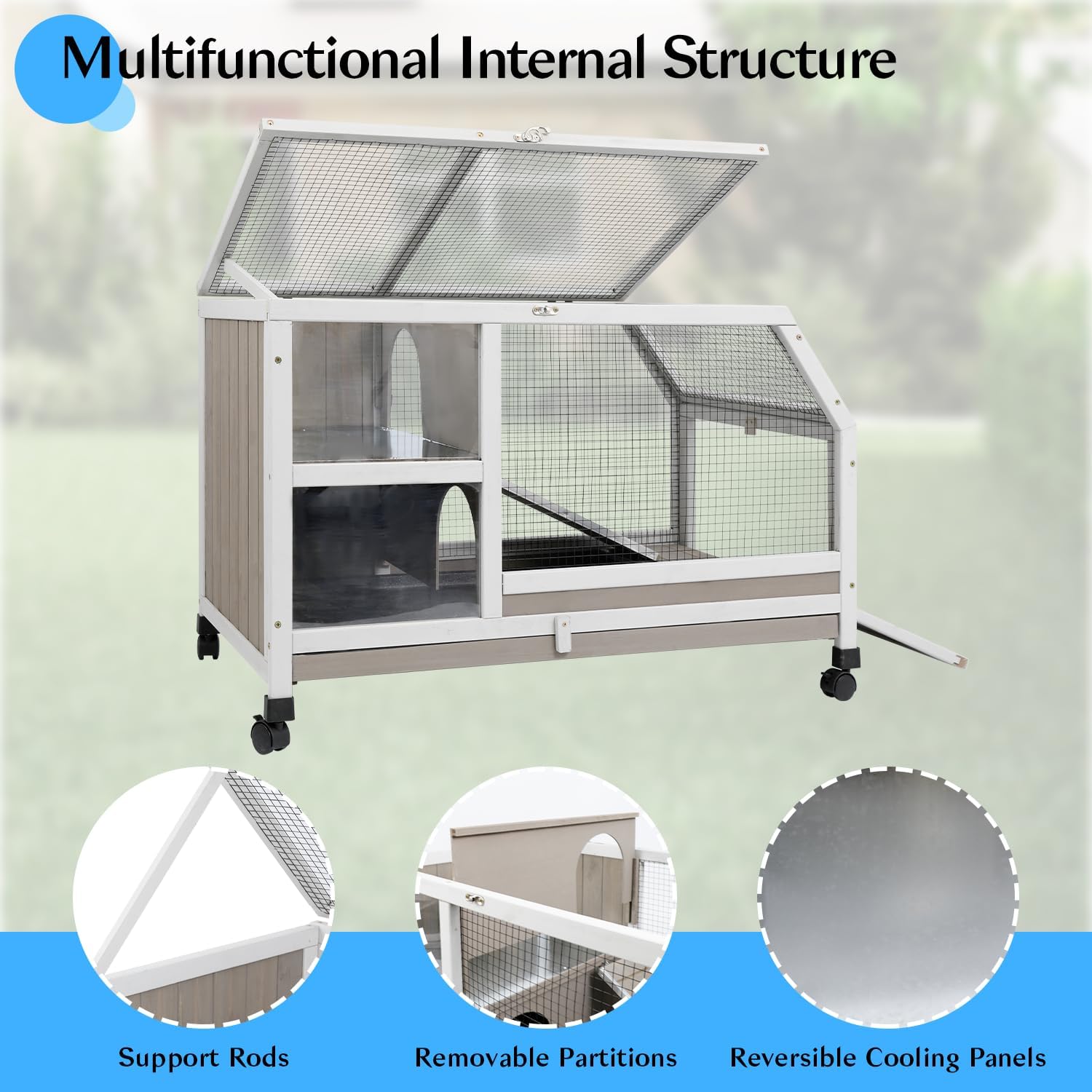 36" L Rabbit Hutch with Run, 2-Story Bunny Cage with Divider Panel | Pull-Out Tray, Wooden Small Animal Habitat with