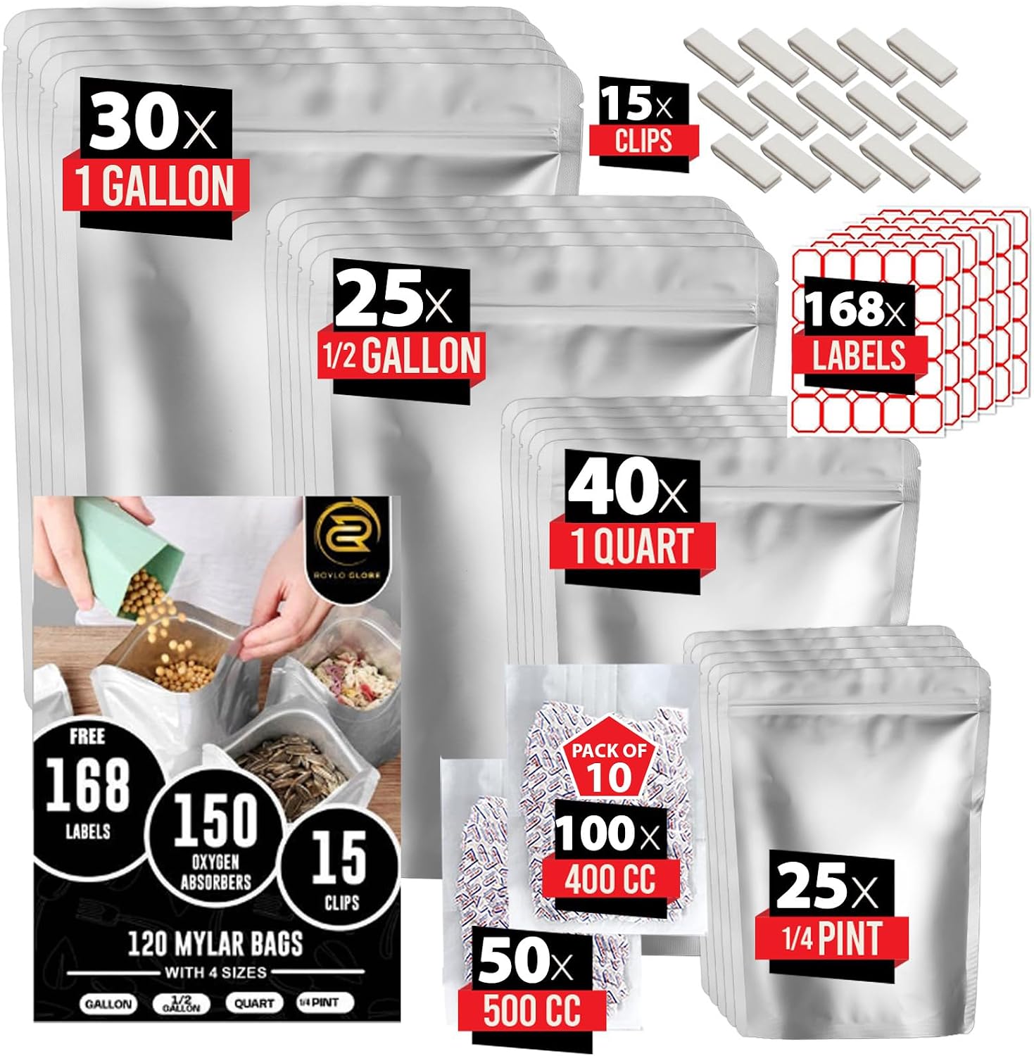 120 Mylar Bags with 150 Oxygen Absorbers-168 Labels & Stand-Up Reusable | 4 Sizes Airtight Smell Proof Resealable