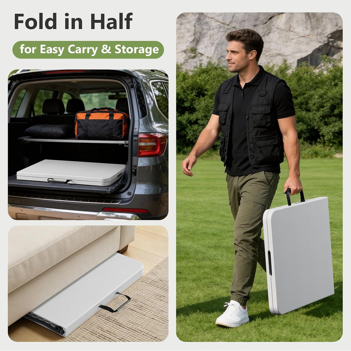 Folding Dining Table Set for 4, 5FT Foldable Plastic Table with Carrying Handle & 4 PU Leather Padded Folding Chairs