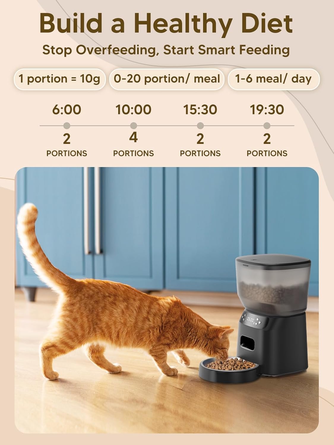 Automatic Cat Feeder and Water Fountain, 4L/16 Cups Timed Cat Dry Food Dispenser, 10s Meal Call, 20 Portions 6 Meals