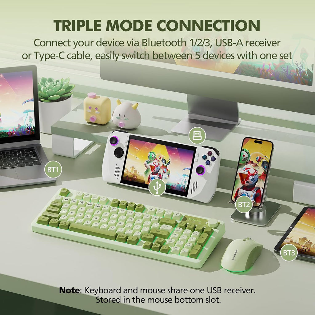 Wireless Keyboard and Mouse Combo Creamy with Number Pad for Desktop Mac iPad Bluetooth/2.4ghz/Wired Rechargeable